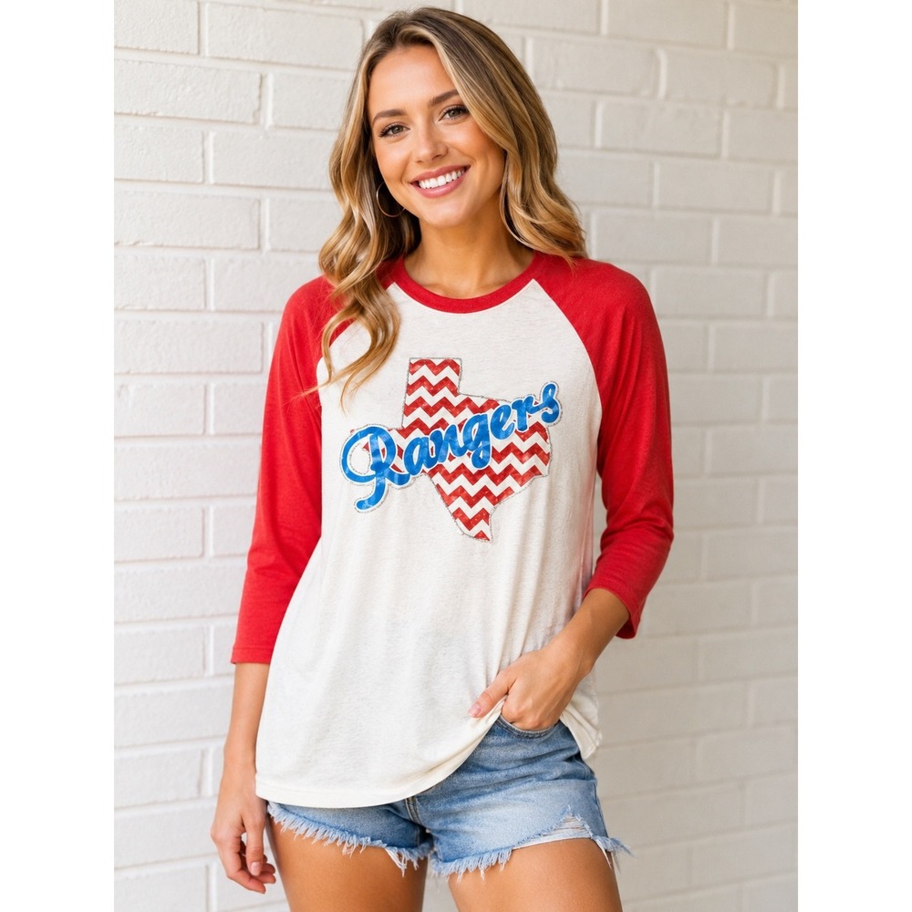 Sport-Tek Texas Rangers Sequin Raglan Baseball Tee Red White 3/4 Sleeve‎ Medium